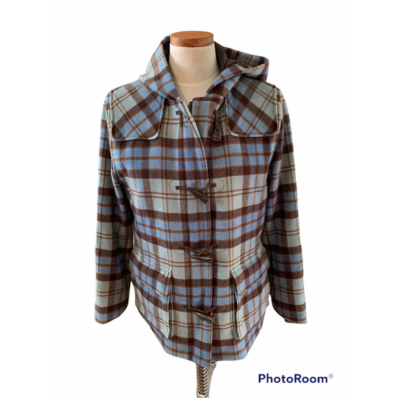 Lands’ End wool blue plaid hooded duffle coat S - Picture 1 of 7